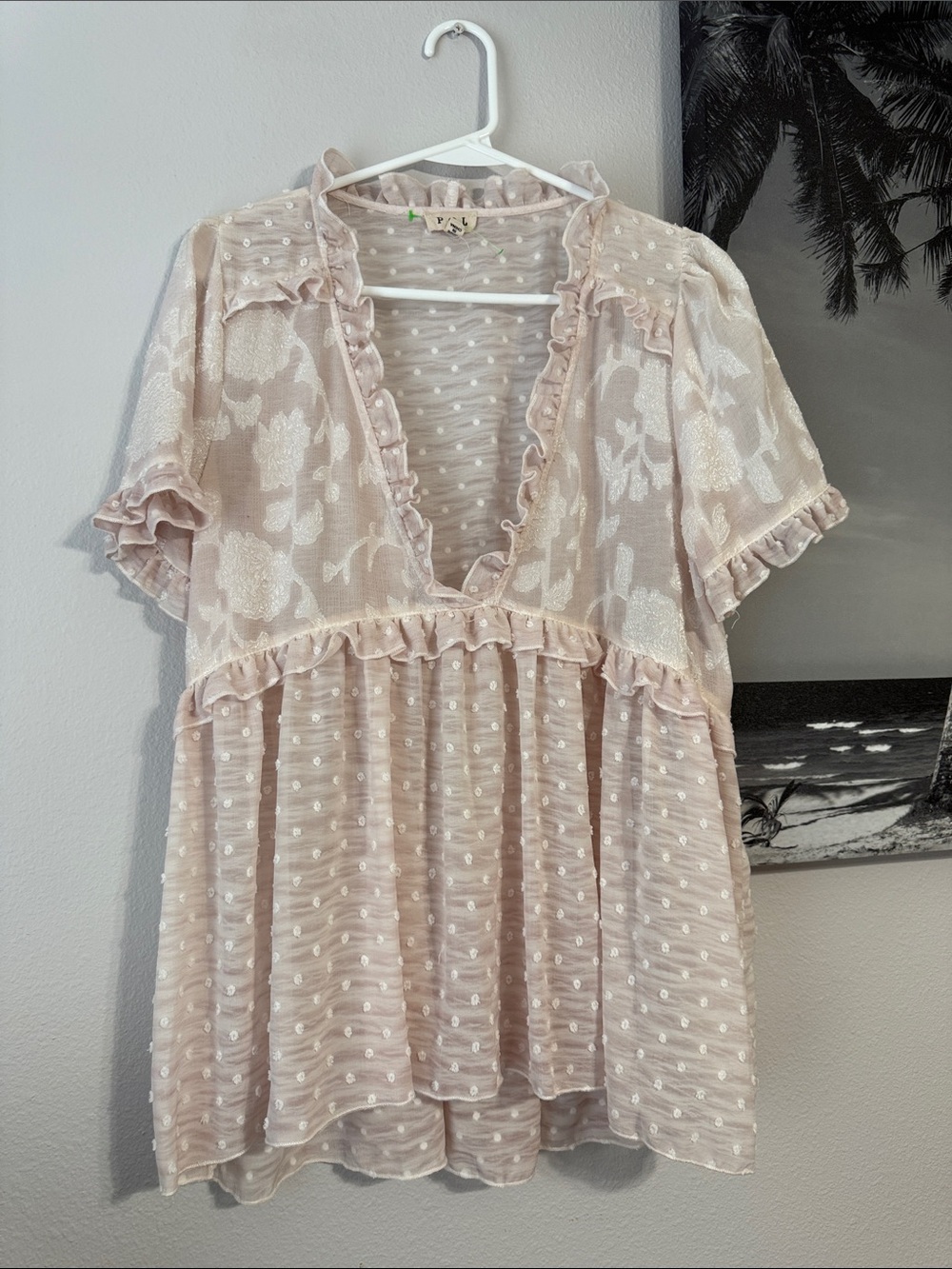 POL Pale Blush Swiss Dot Ruffle Tunic
